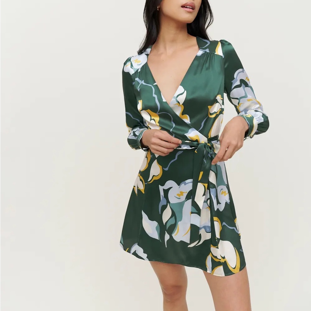 Reformation Green Floral Long Sleeve Dress